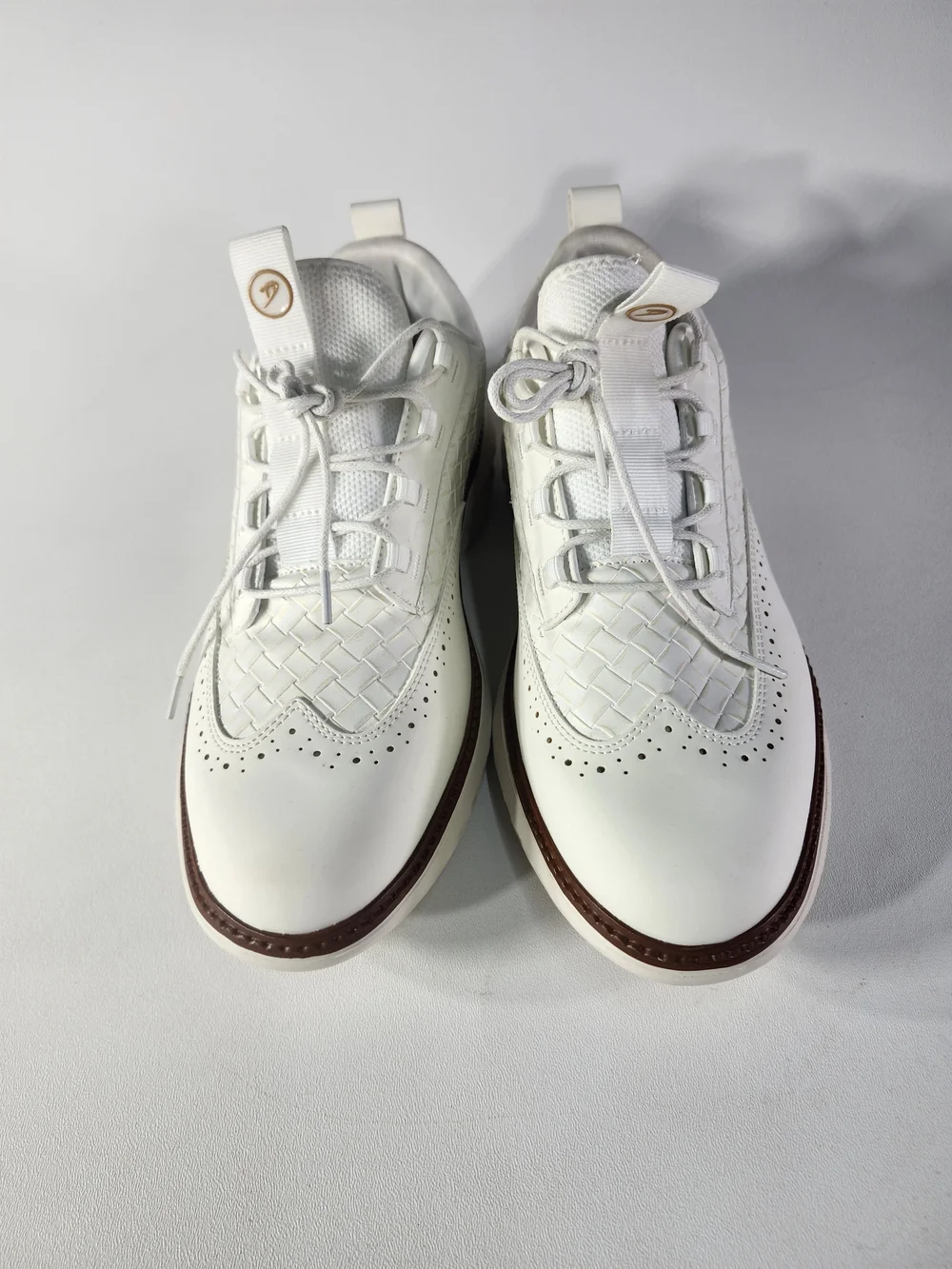 White Men’s Woven Leather Sneakers with Brown Trim